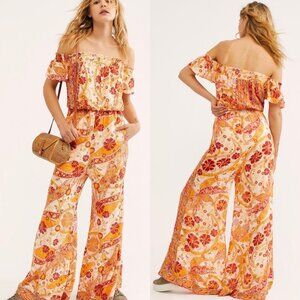 Free People Bohemian Wide Leg Orange Yellow Floral Jumpsuit Carmen Smock XS Boho